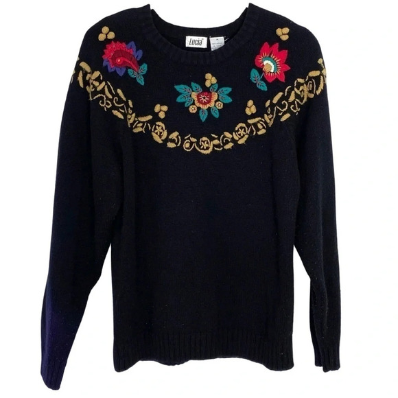 Vintage 90s Floral Embroidered Pullover Sweater Shoulder Pads Womens Size Medium - Picture 1 of 11
